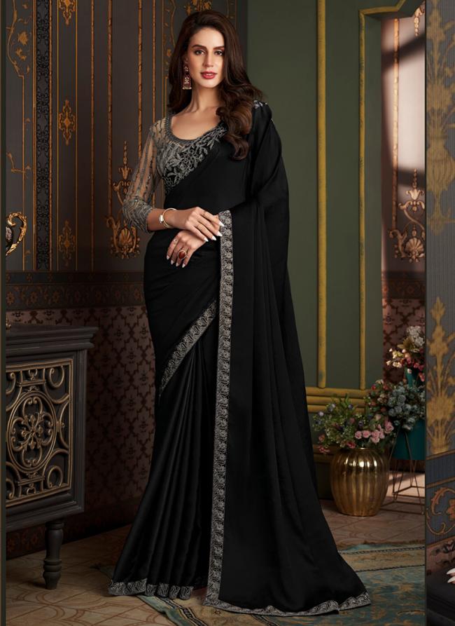 Satin Silk Black Party Wear Embroidery Work Saree